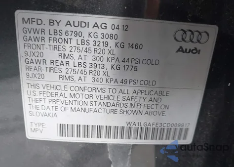 2012 Audi Q7 3.0T Premium from USA, damaged, VIN WA1LGAFE3CD009817
